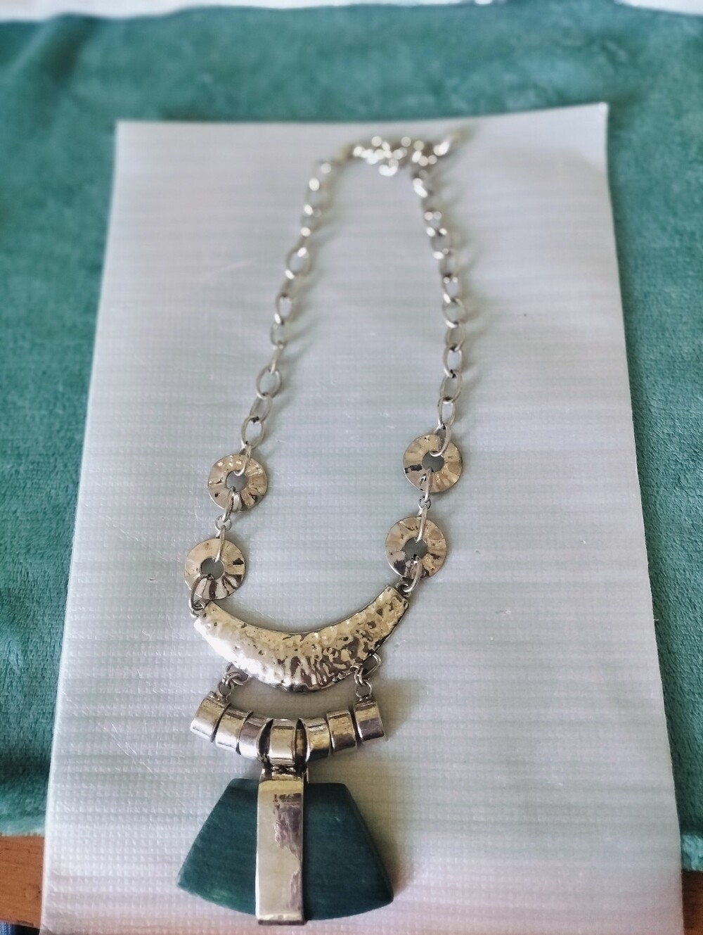 Hammered Silver & Forest Green Trapezoid Pendant Necklace  Brutalist Boho Collar